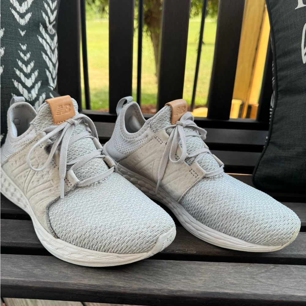 New Balance Light Gray Knit Athletic Sneakers with Tan Leather Tongue